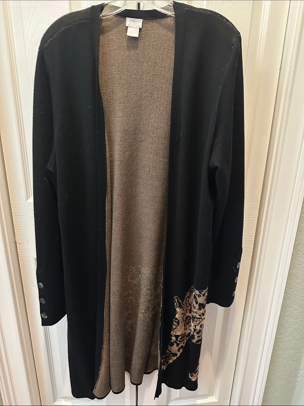 Chico's Black Open-Front Cardigan with Taupe Interior and Leopard Detail